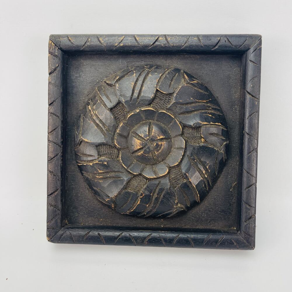 Rustic Carved Wood Dark Brown Decorative Wall Decor Square 8” - Picture 4 of 4